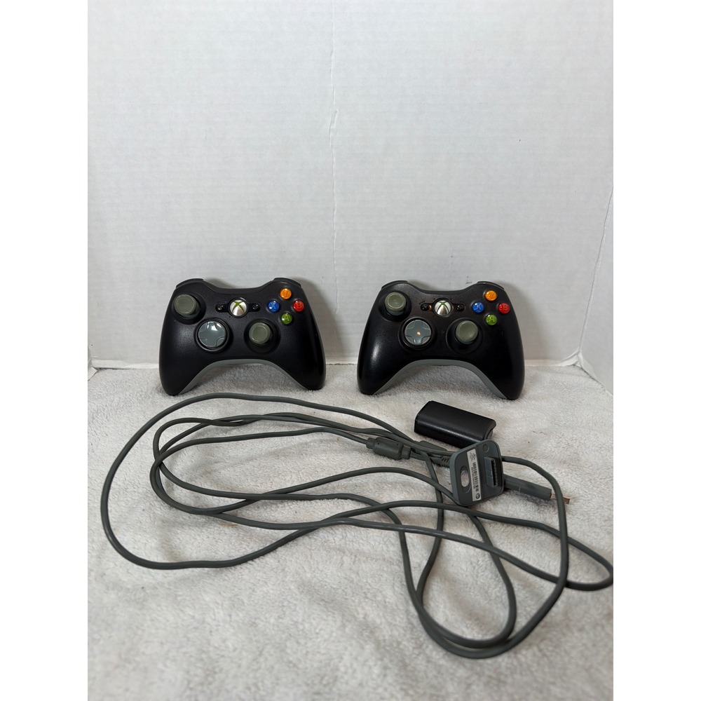Microsoft Xbox 360 Wireless Controller Pair Black With 3‎ Battery Packs & Cable